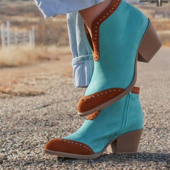 Boho Cowgirl Ankle Boots – Turquoise &  Studded Western Booties New - Picture 2 of 5